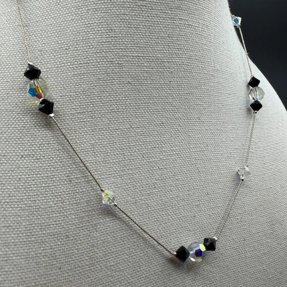 Black Clear AB Crystal Beaded Silver Tone Necklace Minimalist Y2K Sparkle Gift